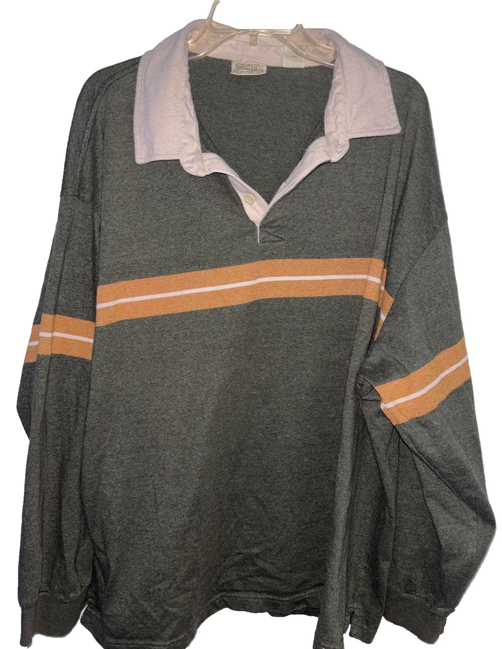 St Johns Bay Rugby Shirt Mens 3XLT Big Tall Green Orange Stripe Long Sleeve Polo